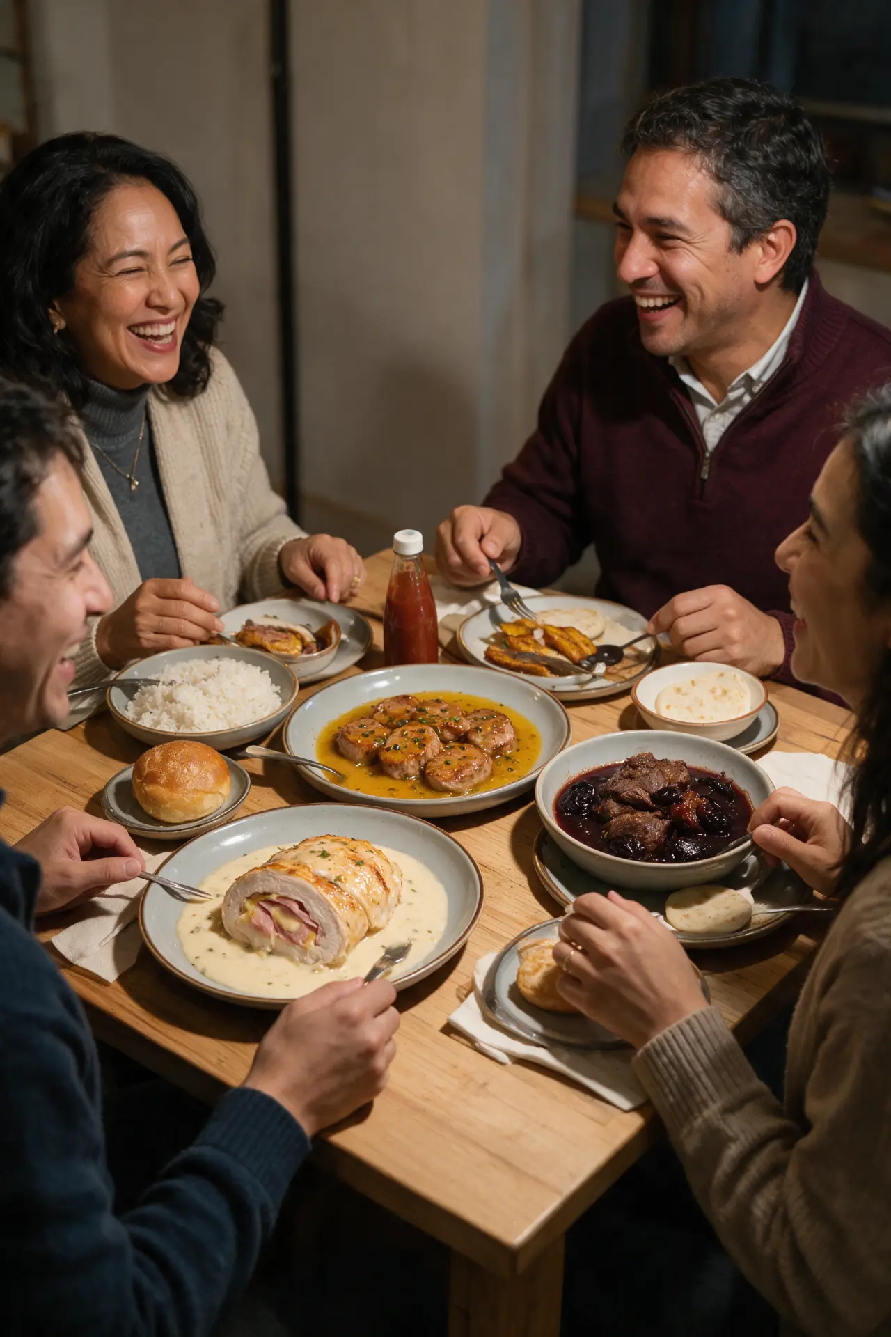 Una familia comparte una cena con pollo, cerdo y res para Thanksgiving